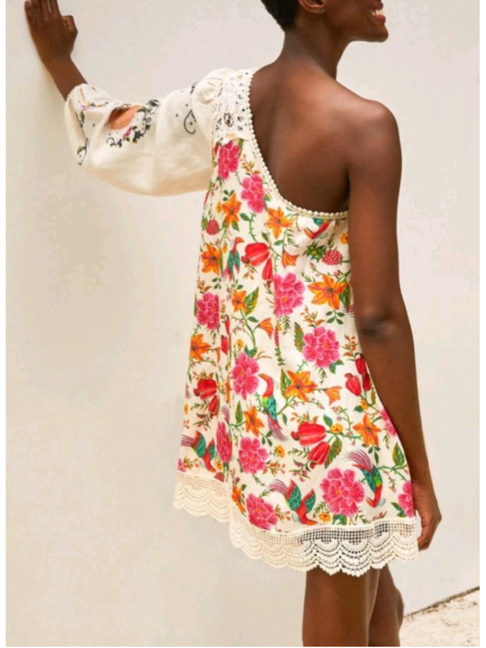 Anthropologie Farm Rio Toucans Garden One Shoulder Embroidered Mini Dress Sz L